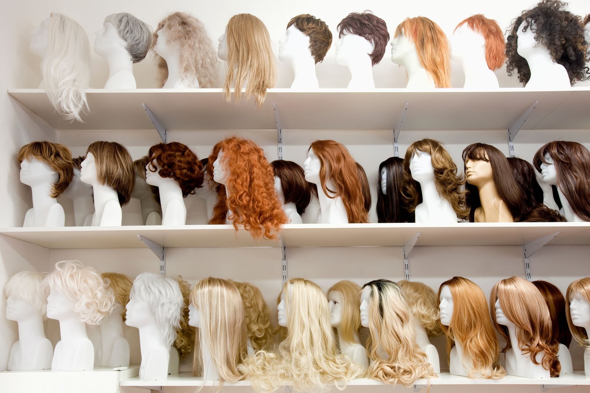 Wigs displayed on mannequin heads, arranged on shelves. Variety of colors and styles, in a shop setting.