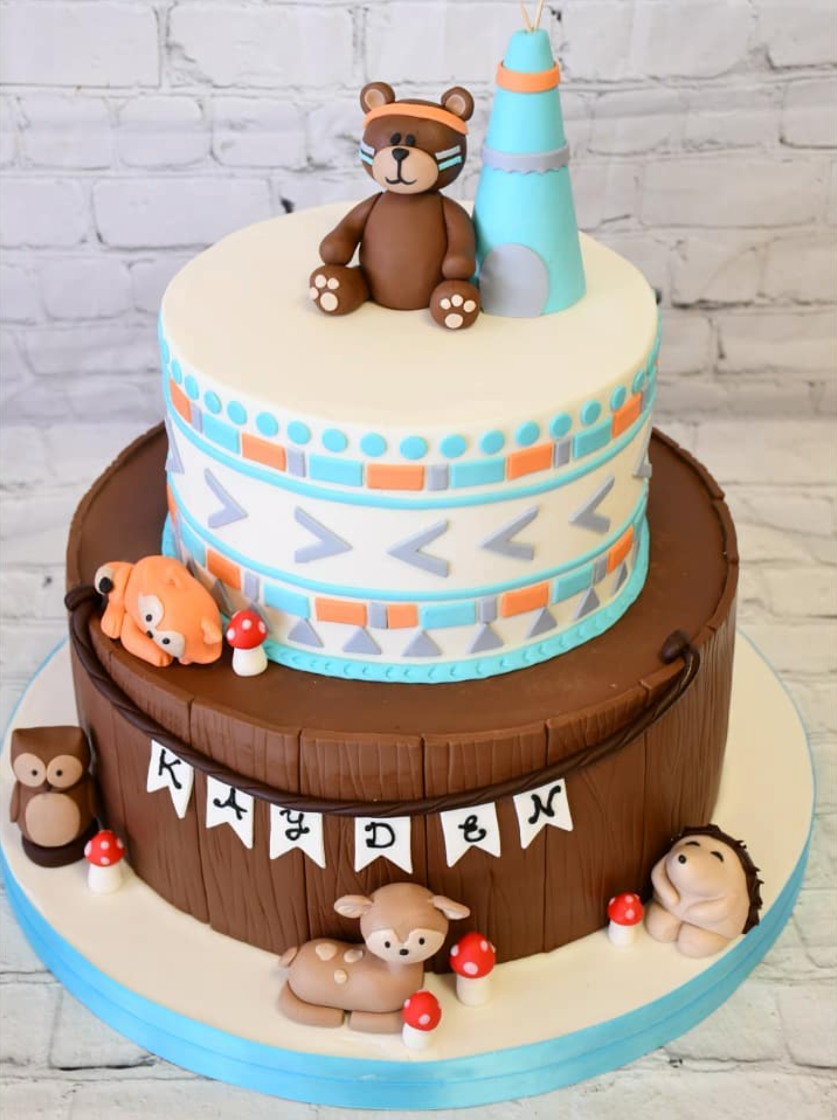 A cake with a teddy bear on top of it