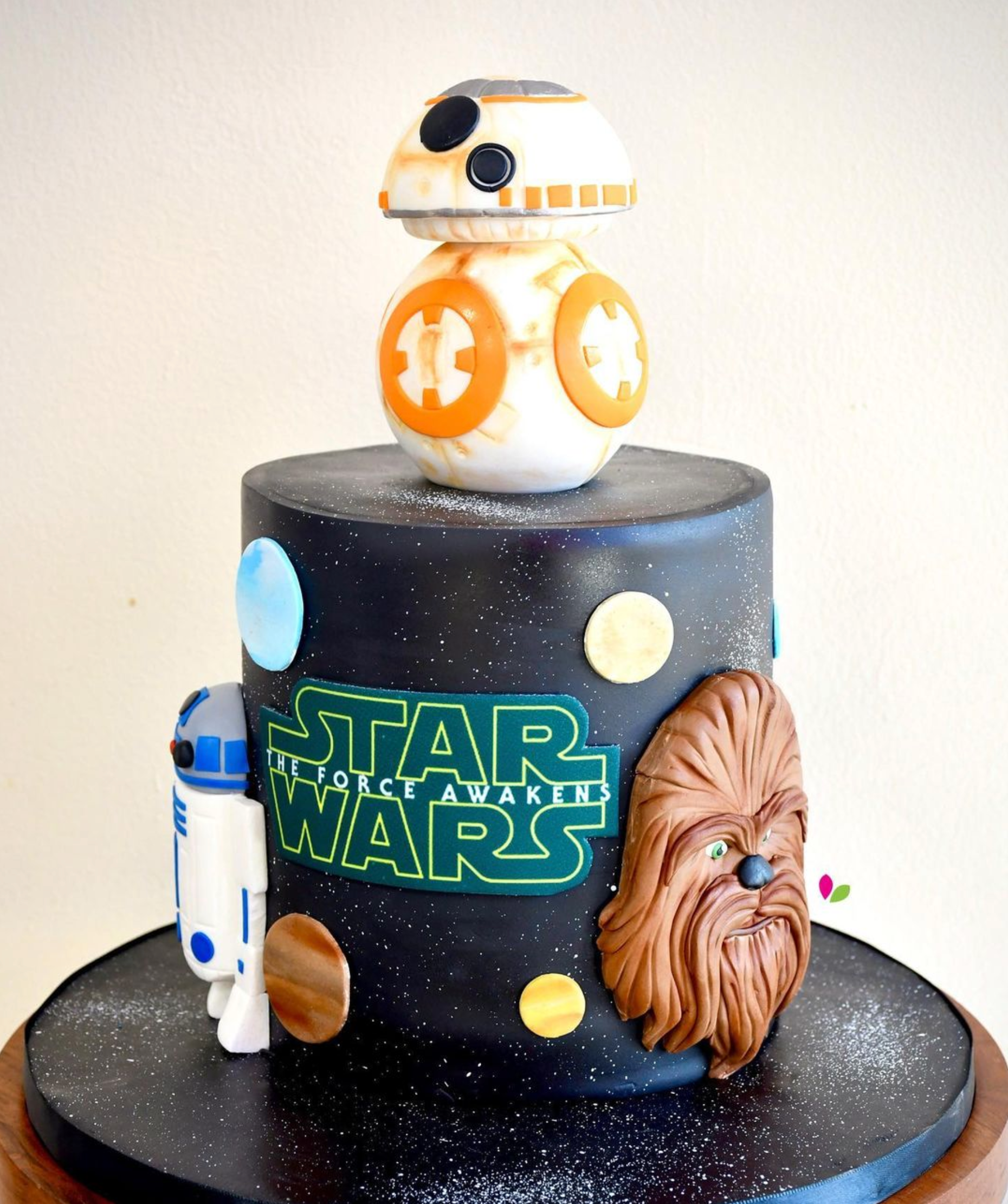 A star wars cake with r2d2 and chewbacca on it