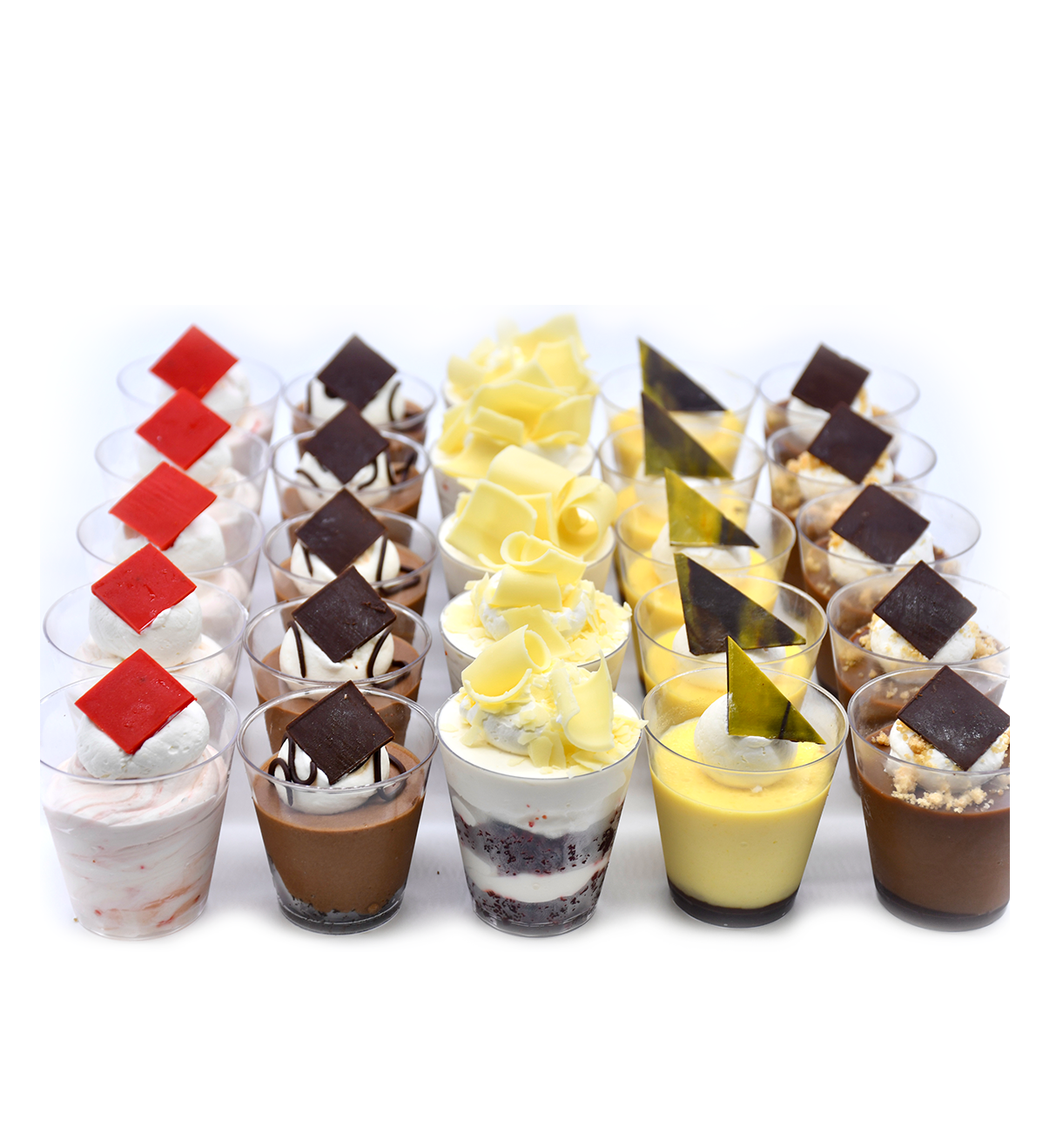 There are many different types of desserts in the cups.