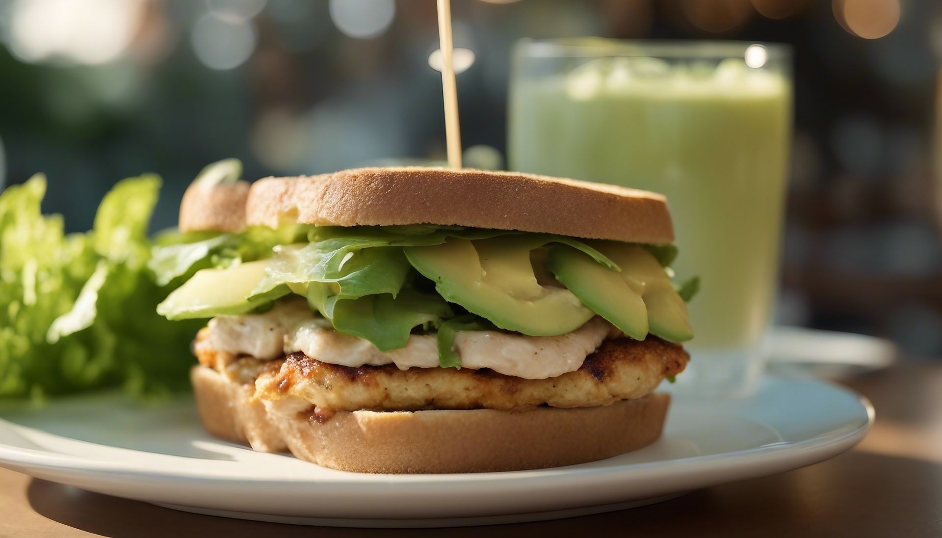 A close up of a sandwich on a plate next to a glass of green juice.