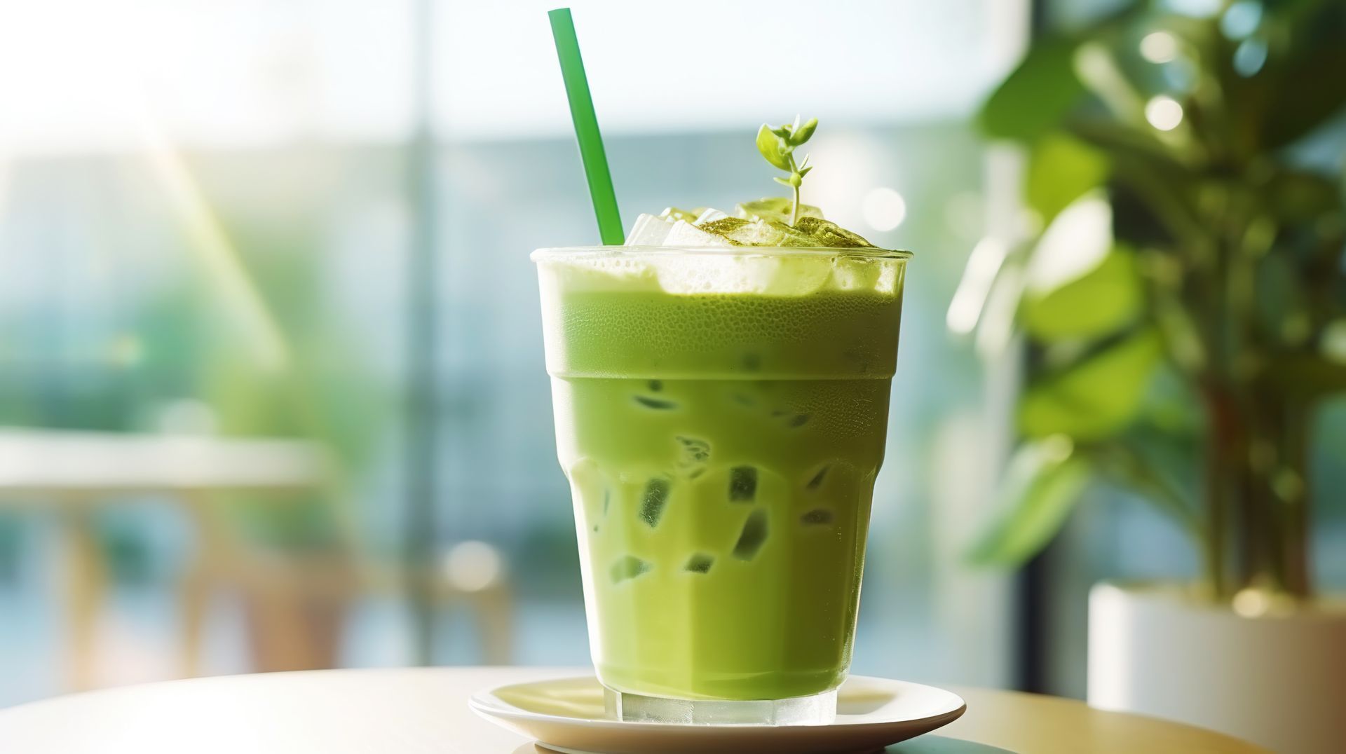 A glass of iced green tea with a green straw on a table.