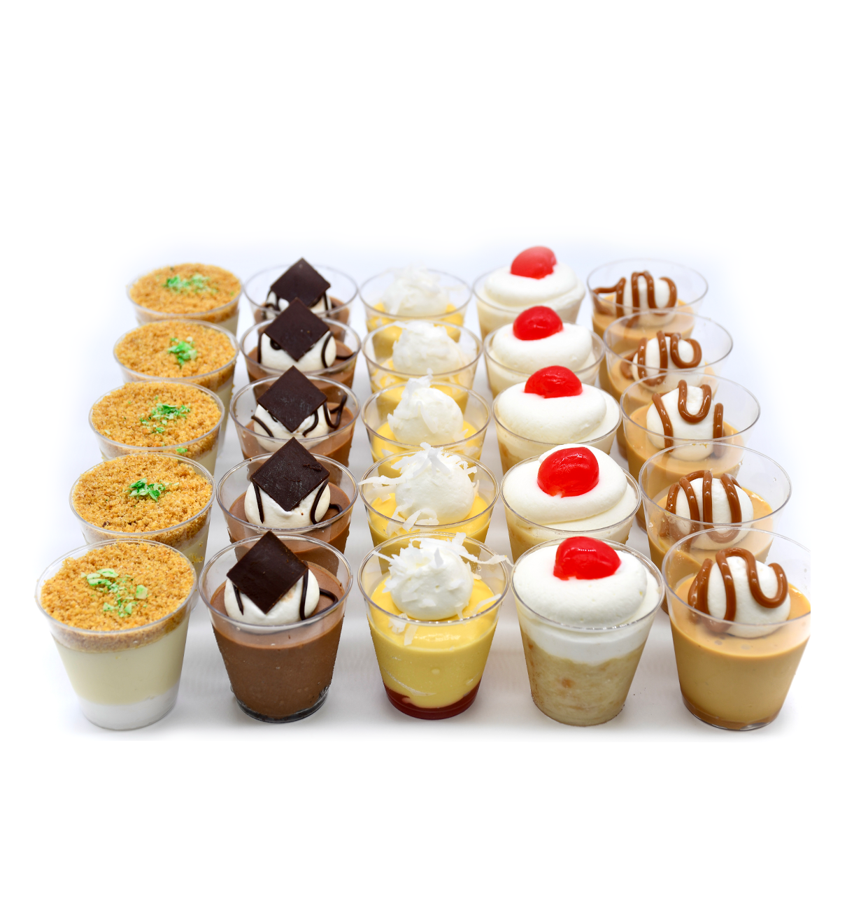 There are many different types of desserts in the cups.