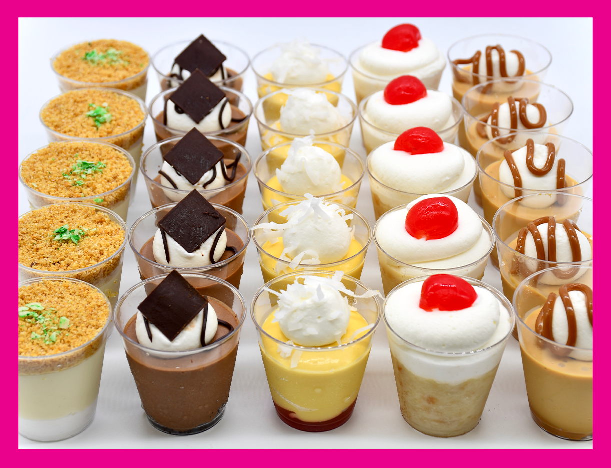 There are many different types of desserts in the cups