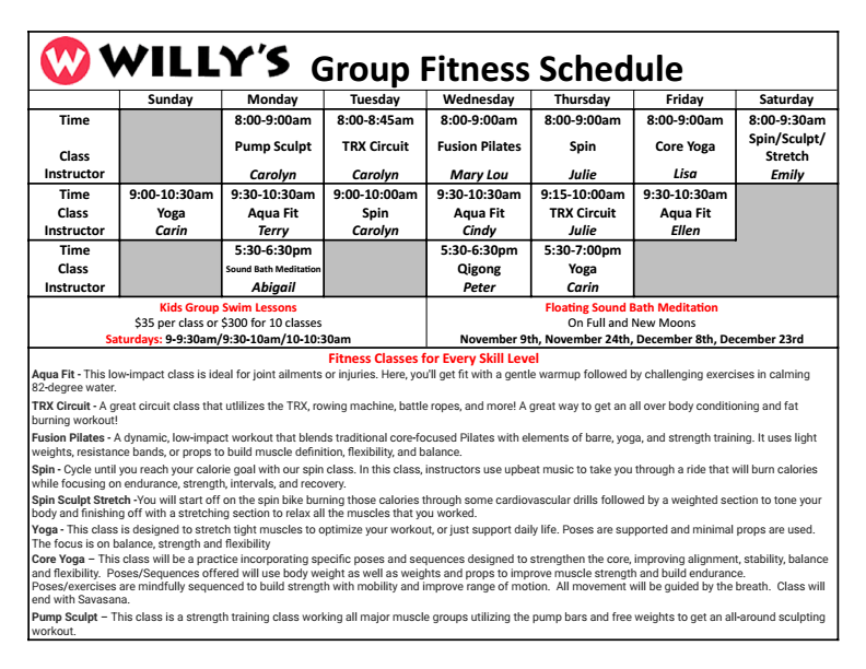 Willy’s Group Fitness Schedule grid with class times, names, and instructor names for the week
