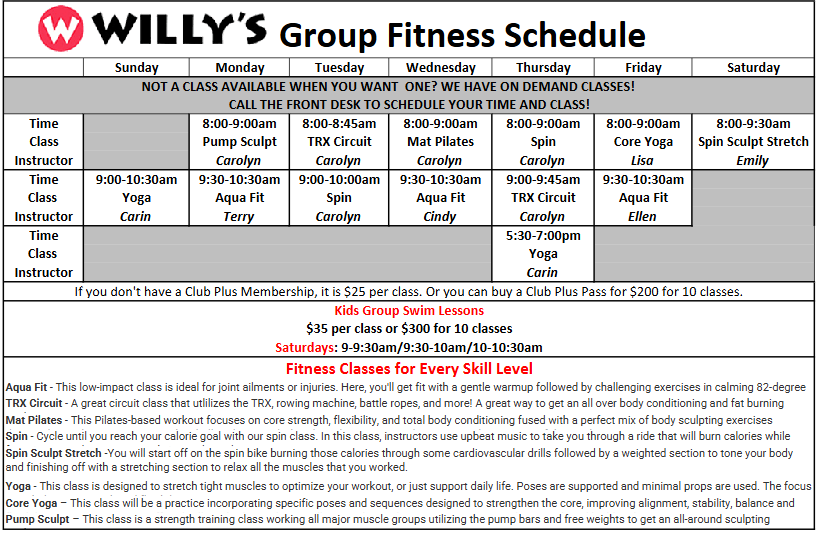 Willy’s Group Fitness Schedule grid with class times, names, and instructor names for the week