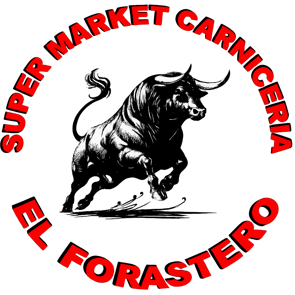 Logo of Super Market Carniceria El Forastero with a black bull centered in red circular text.