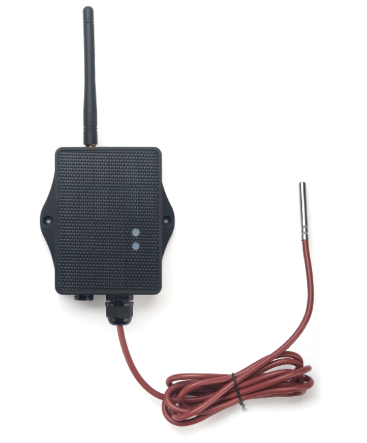 Een zwarte draadloze sensorzender met een verticale antenne en een lange, roodbruine, externe bedrade sonde.