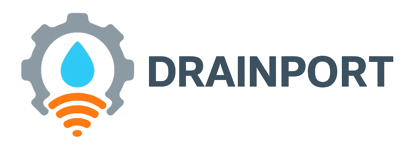 Het Drainport-logo bestaat uit een grijs tandwiel rond een blauwe waterdruppel, boven een oranje wifi-symbool, naast het woord 