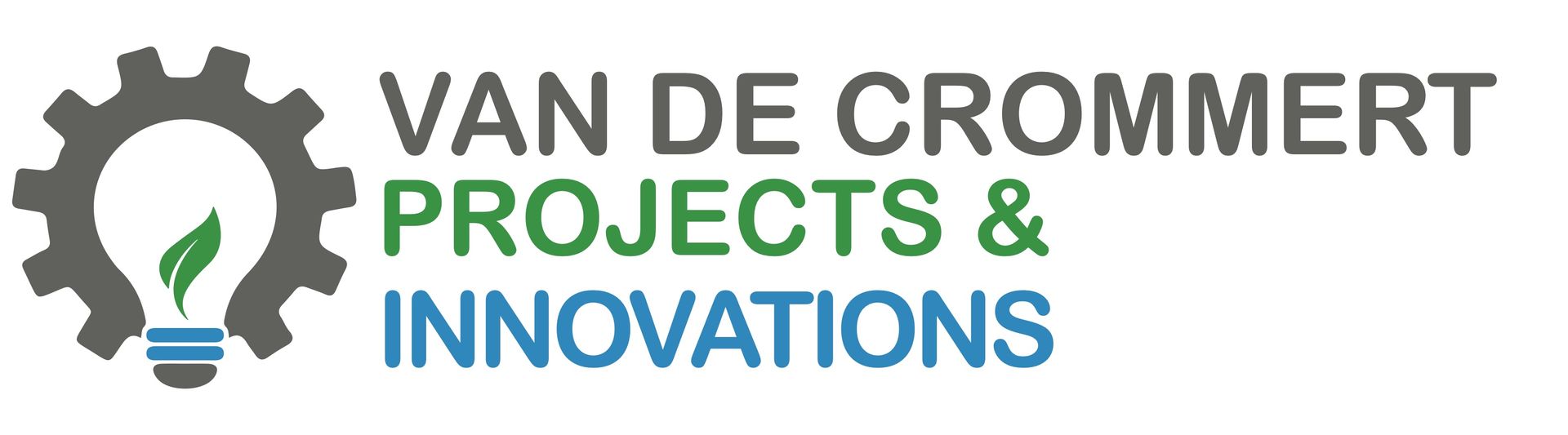 Logo voor Van de Crommert Projects & Innovations: Een grijs tandwiel in de vorm van een gloeilamp met een groen blad en een blauwe voet.