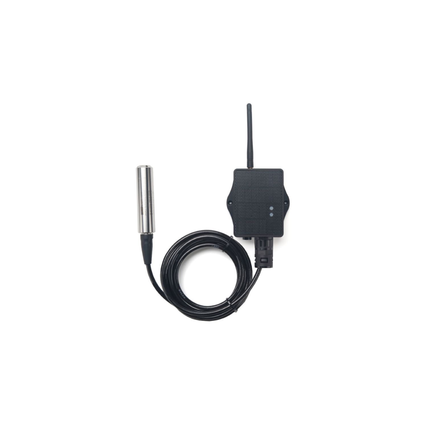 Een draadloze temperatuursensor met een metalen sonde, een opgerolde zwarte kabel en een zwarte zenderkast met een antenne.