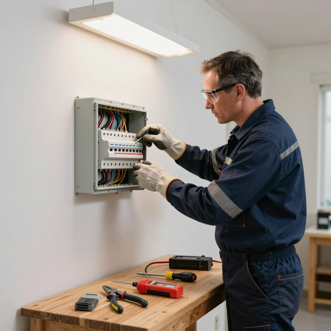 Electrician wiring an open circuit breaker panel in a workshop, with tools on a workbench nearby.