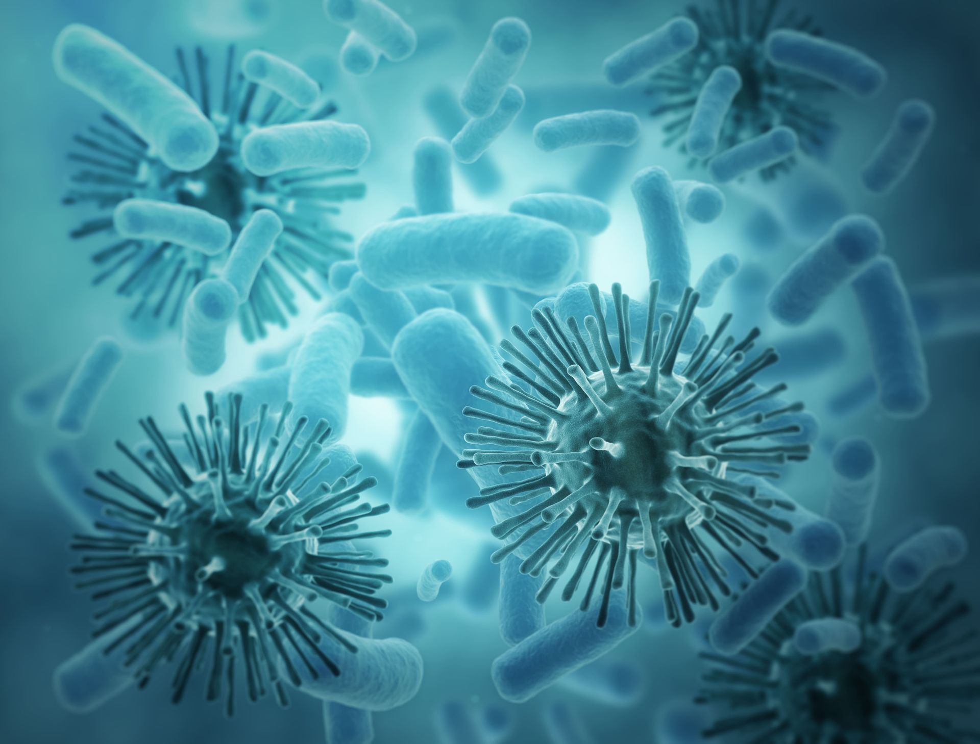Visão microscópica de vírus e bactérias, em tons de azul.