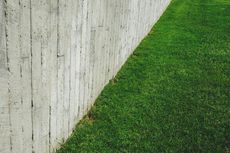 Gray concrete wall next to a vibrant green lawn.