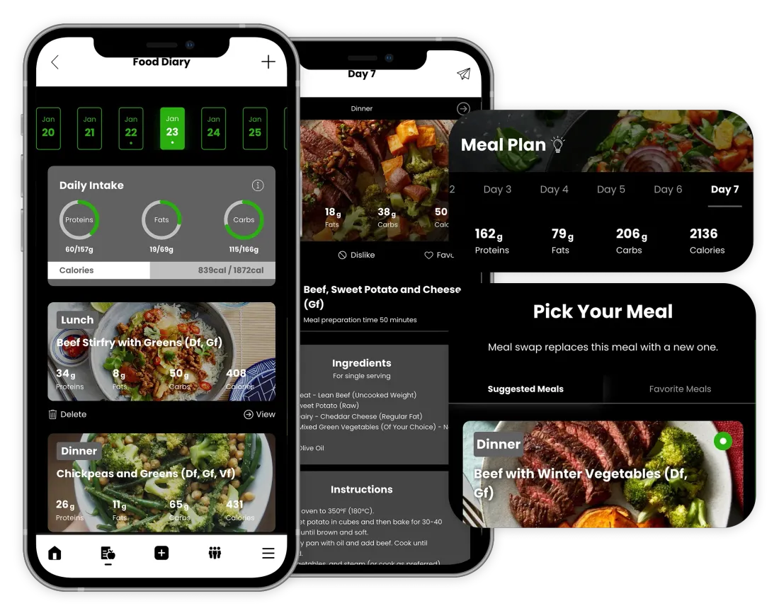 A meal plan app is displayed on two phones.