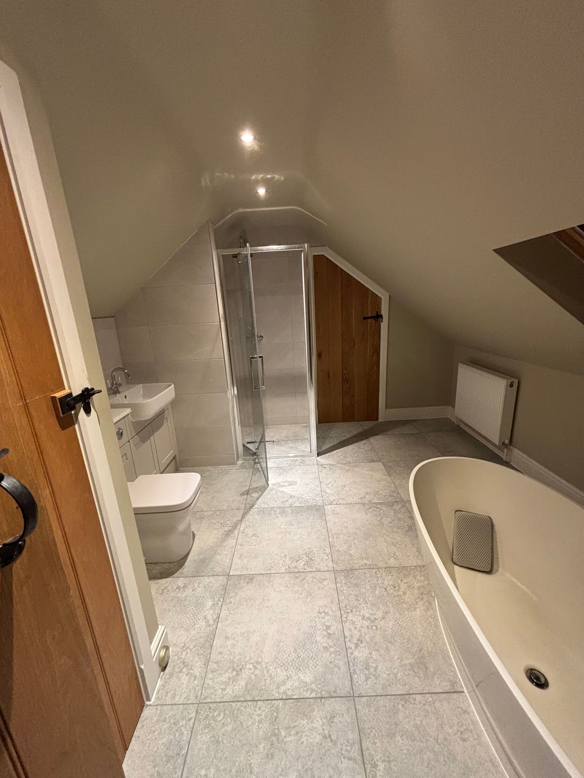 Attic bathroom with shower, toilet, sink, and skylight under a sloped ceiling