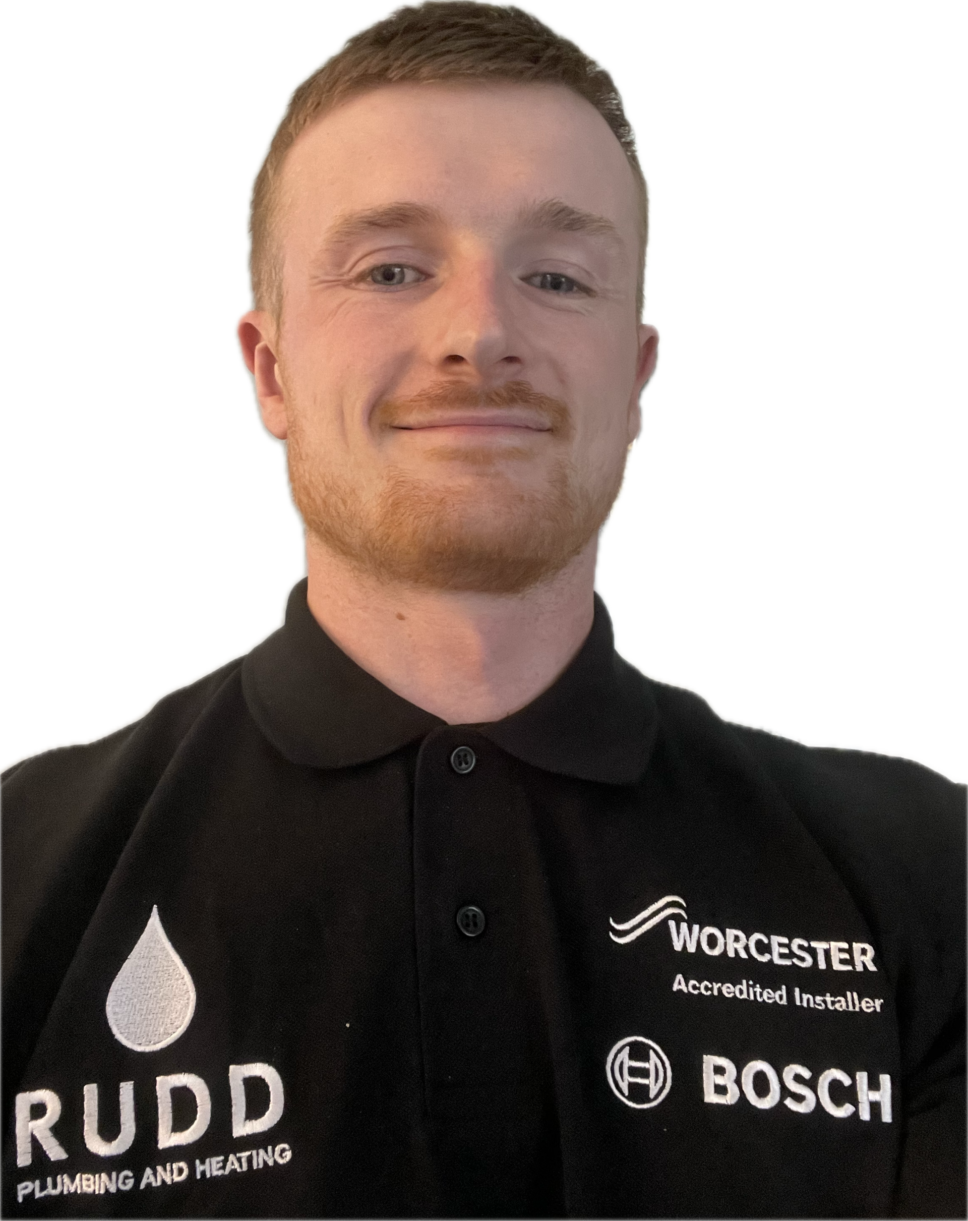 Man in black Worcester Bosch polo shirt against a white background, smiling slightly.