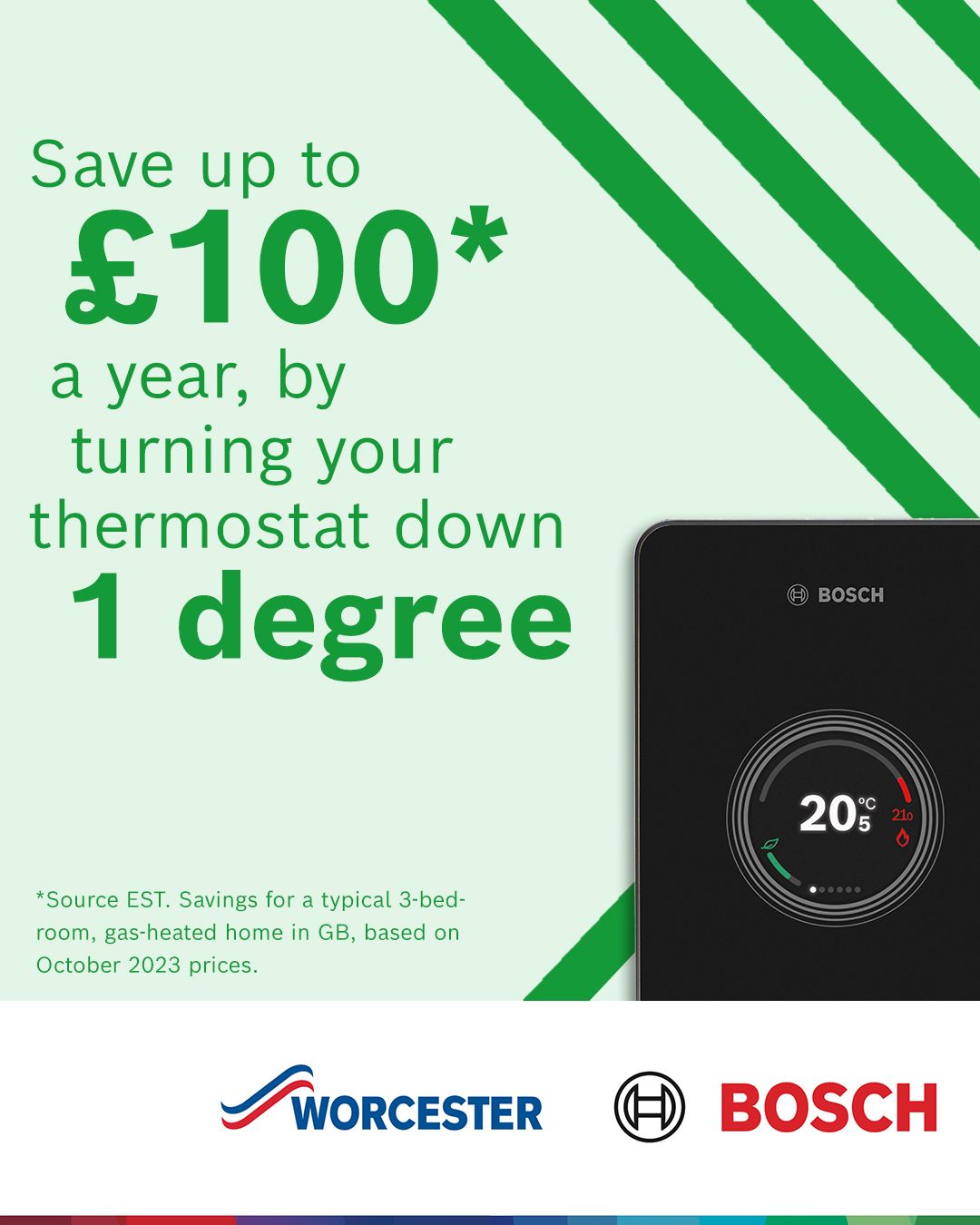 Worcester Bosch ad: “Save up to £100 a year by turning thermostat down 1 degree,” with thermostat display and logos