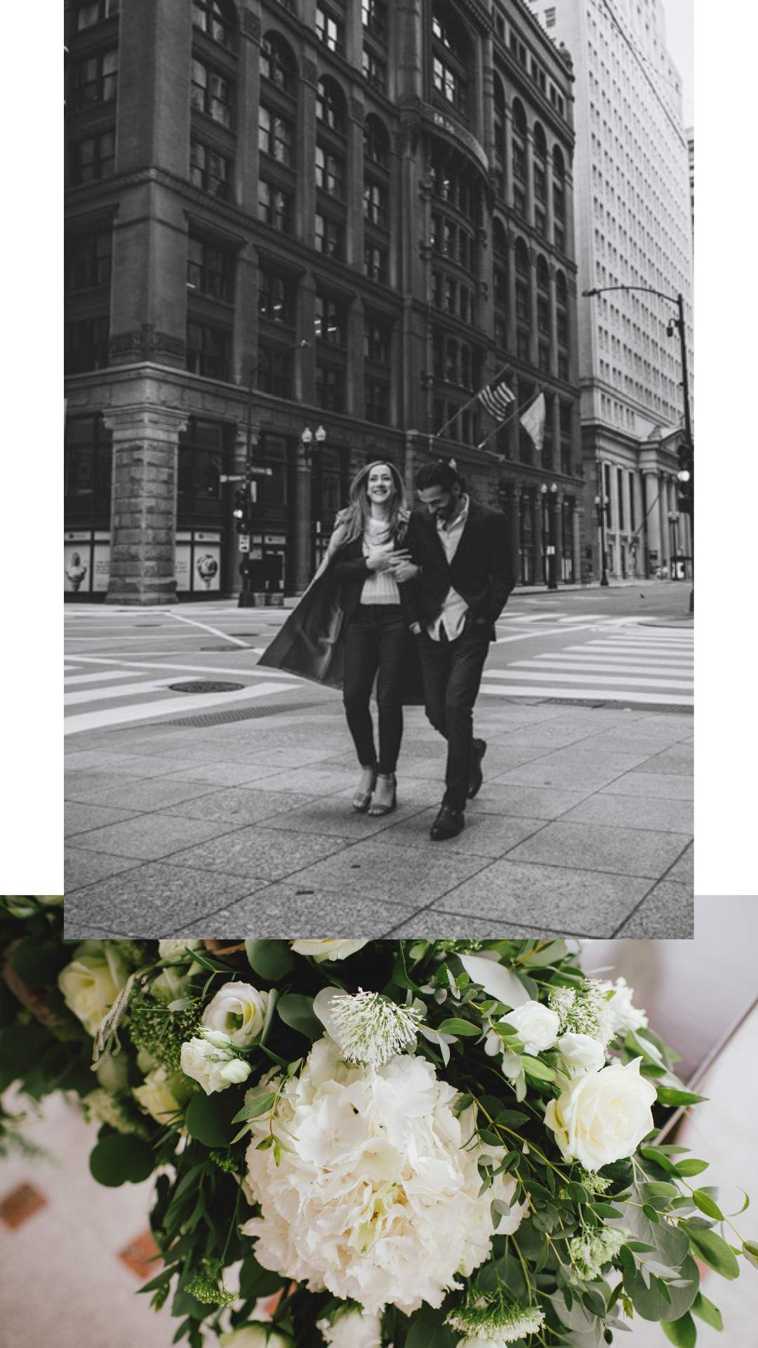 Black-and-white city street photo of a couple walking, with white floral bouquet below.