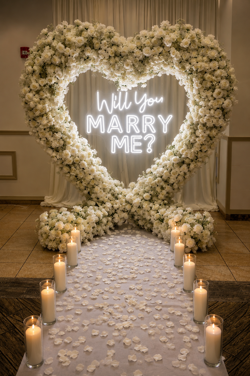 Heart-shaped white floral arch with neon “Will you Marry Me?” sign and candle-lined aisle in a wedding proposal setting