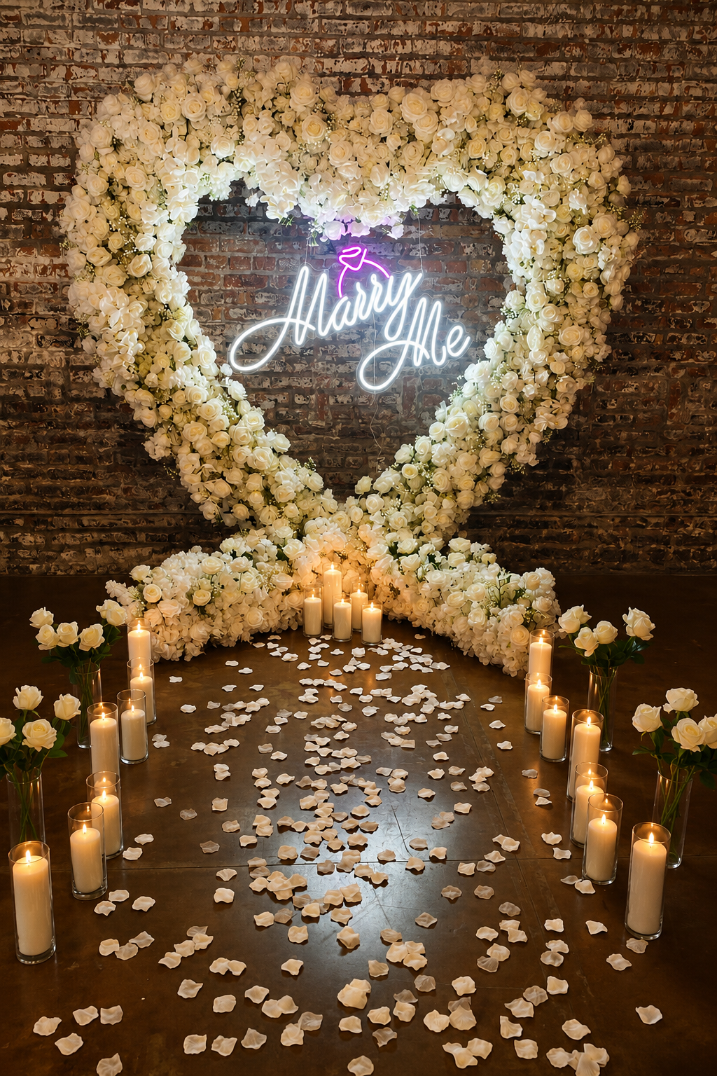 Heart-shaped floral arch with neon “Always & Forever” sign, candles, and white petals in a romantic setting