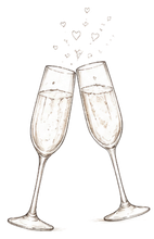 Two champagne flutes clinking, with small hearts rising above them.