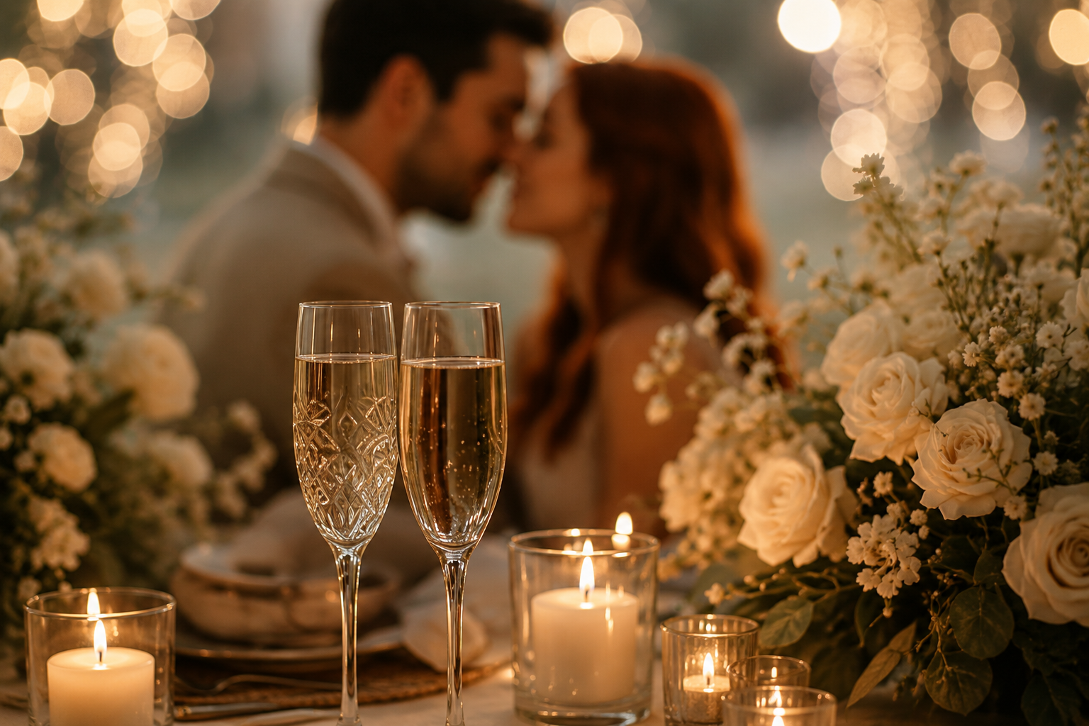 Romantic candlelit dinner with champagne, blurred couple, and white floral centerpiece at dusk