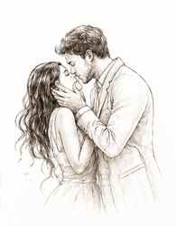 Sketch of a couple sharing a tender kiss, with the man gently holding the woman's face.