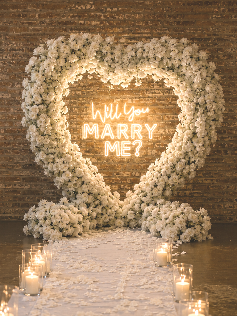 Heart-shaped flower backdrop with glowing sign reading “Will you marry me?” and candlelit aisle