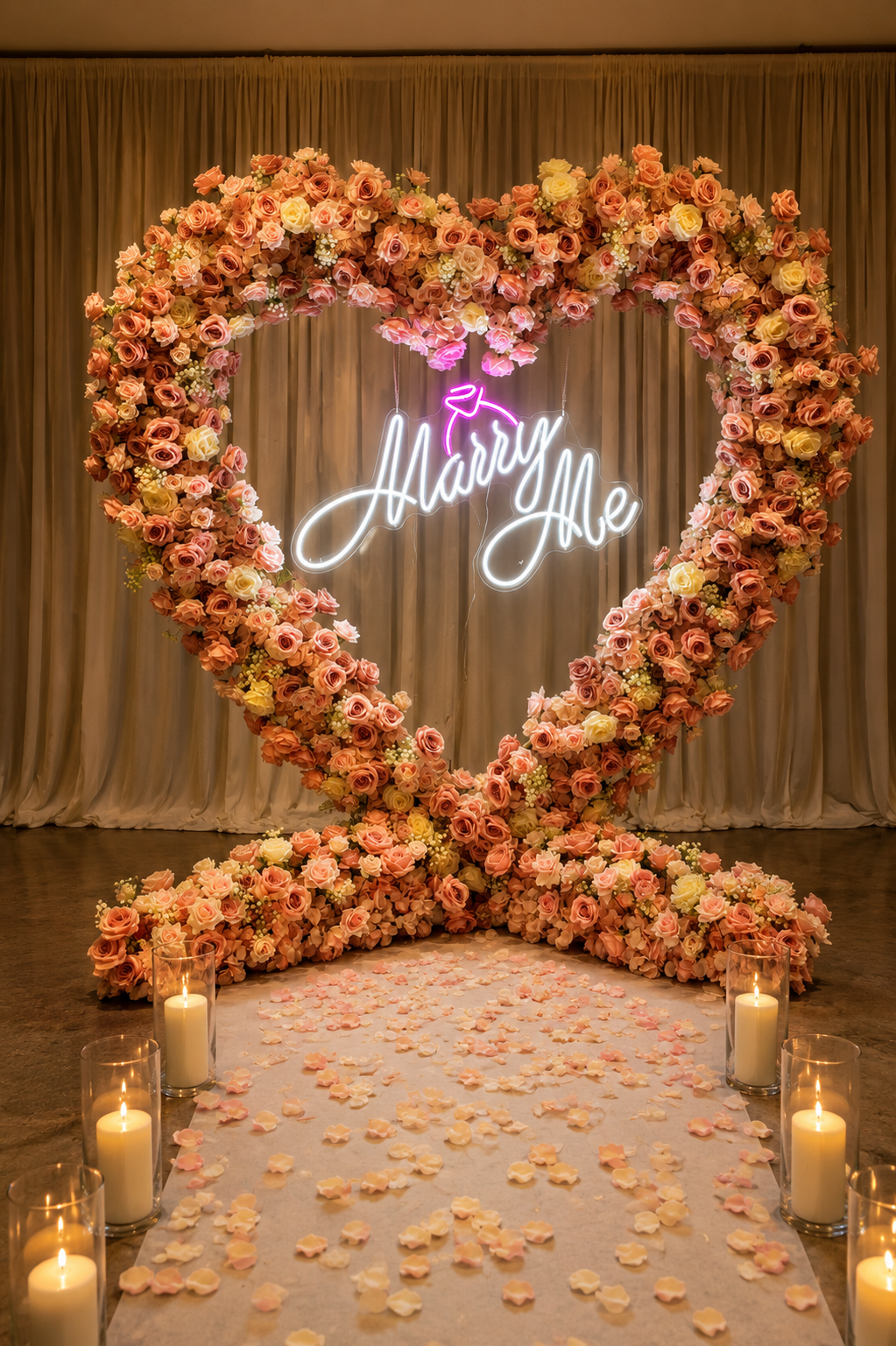 Heart-shaped floral arch with neon “Marry Me” sign, candles, and rose petals on a romantic aisle