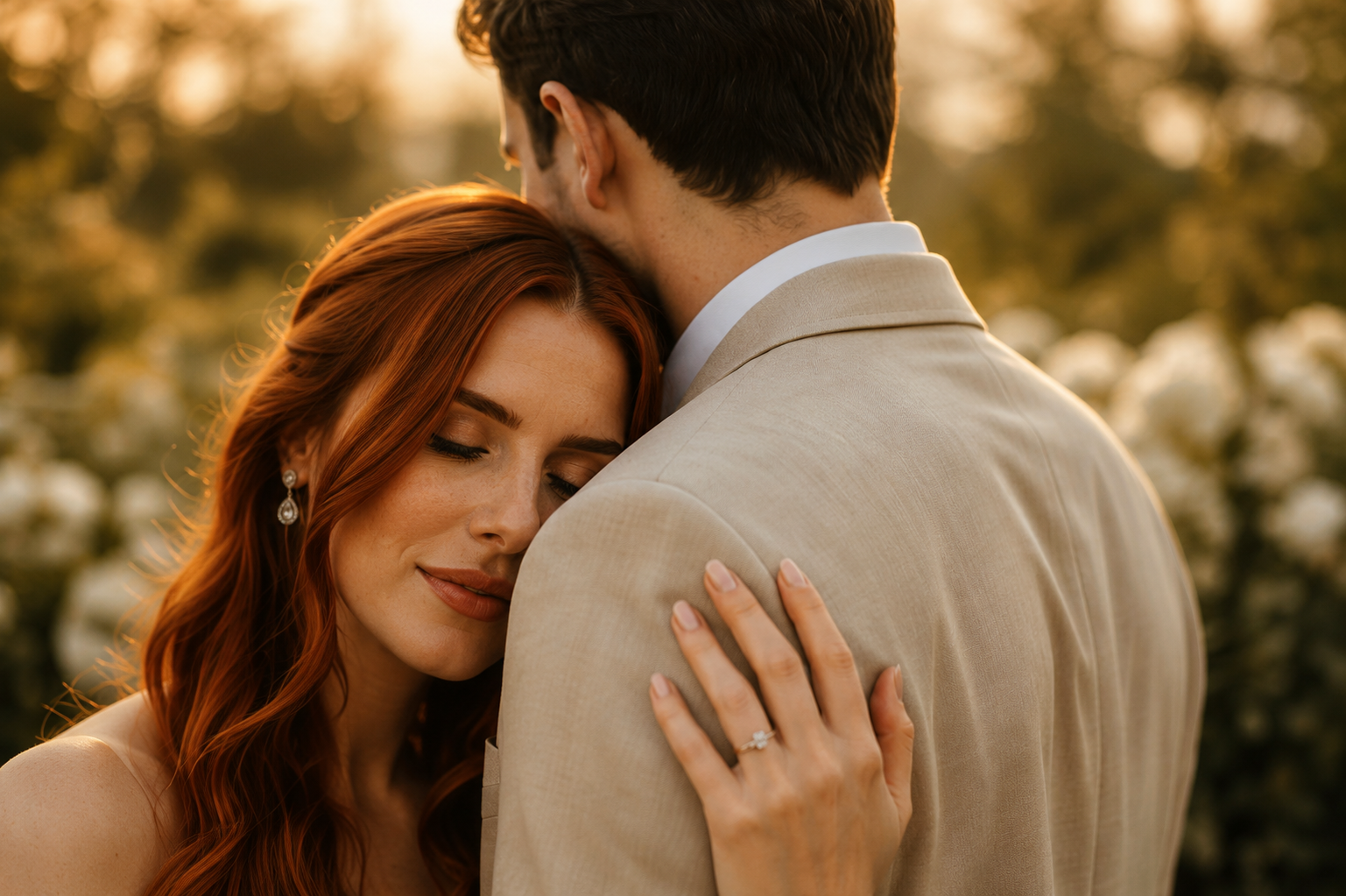 Couple embracing outdoors at sunset, woman with closed eyes resting her hand on his shoulder
