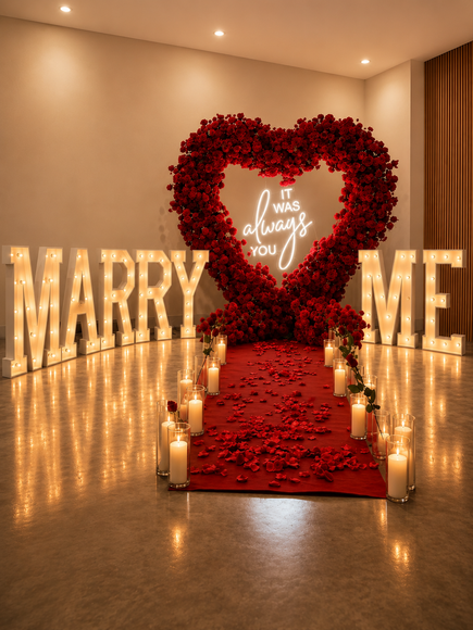 Romantic proposal setup with red rose heart, candle-lined aisle, and “Marry Me” letters