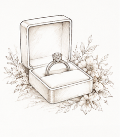 Open ring box with diamond engagement ring, surrounded by delicate floral sketches.