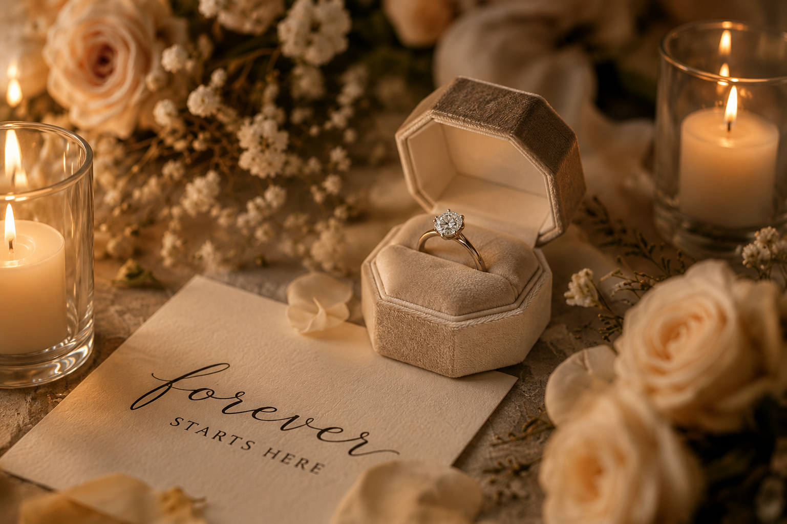 Engagement ring in velvet box beside a “forever starts here” sign, candles, and cream roses