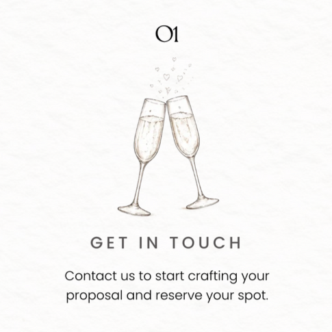 Two champagne glasses clinking with “GET IN TOUCH” text on a white invitation card.