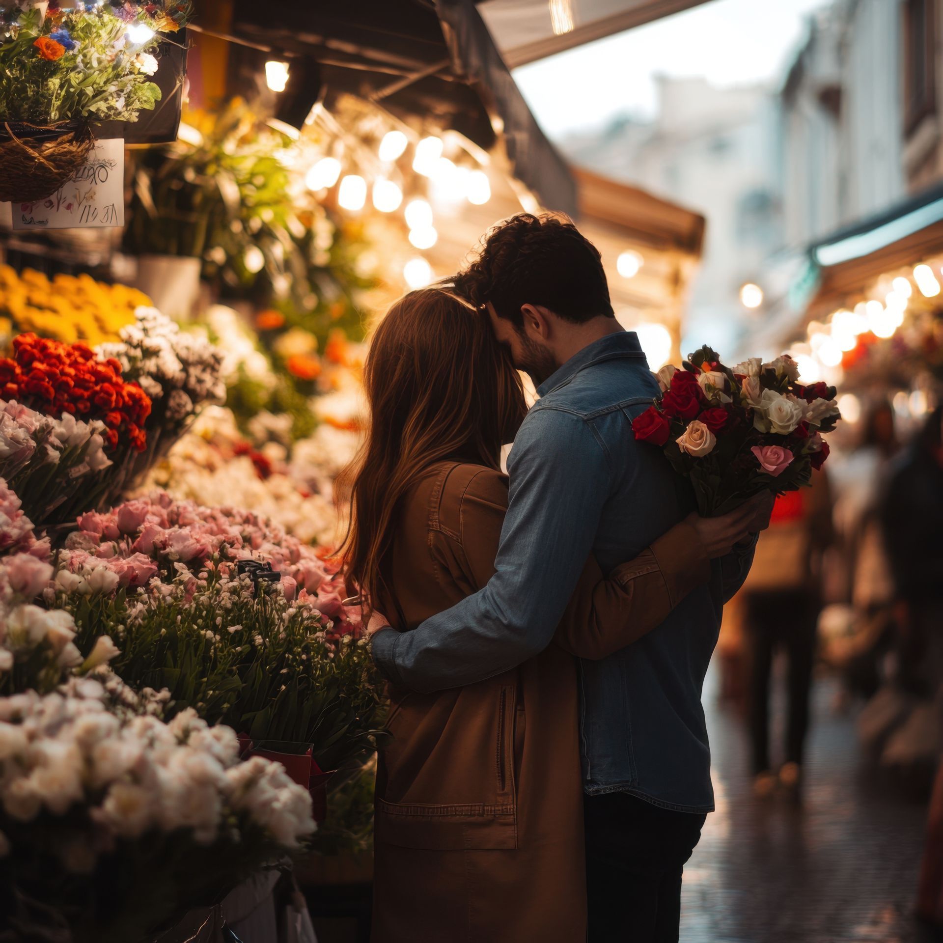 Black-and-white city street photo of a couple walking, with white floral bouquet below.