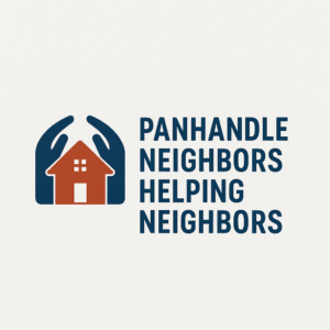 Logo with hands sheltering a red house and the text “Panhandle Neighbors Helping Neighbors”