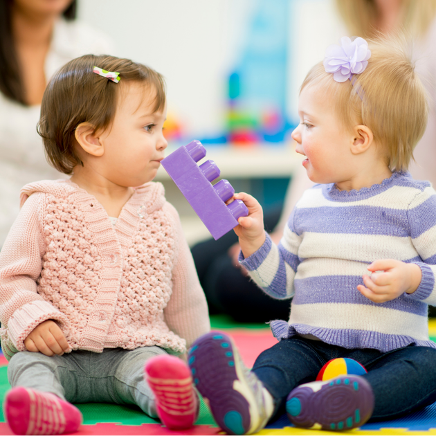 Two little girls are sitting on the floor playing with toys