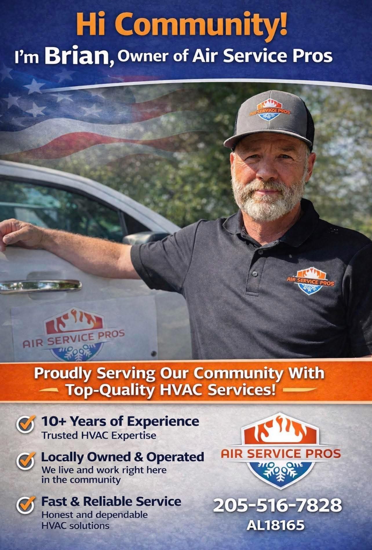 Air Service Pros owner Brian beside company vehicle with American flag and service highlights