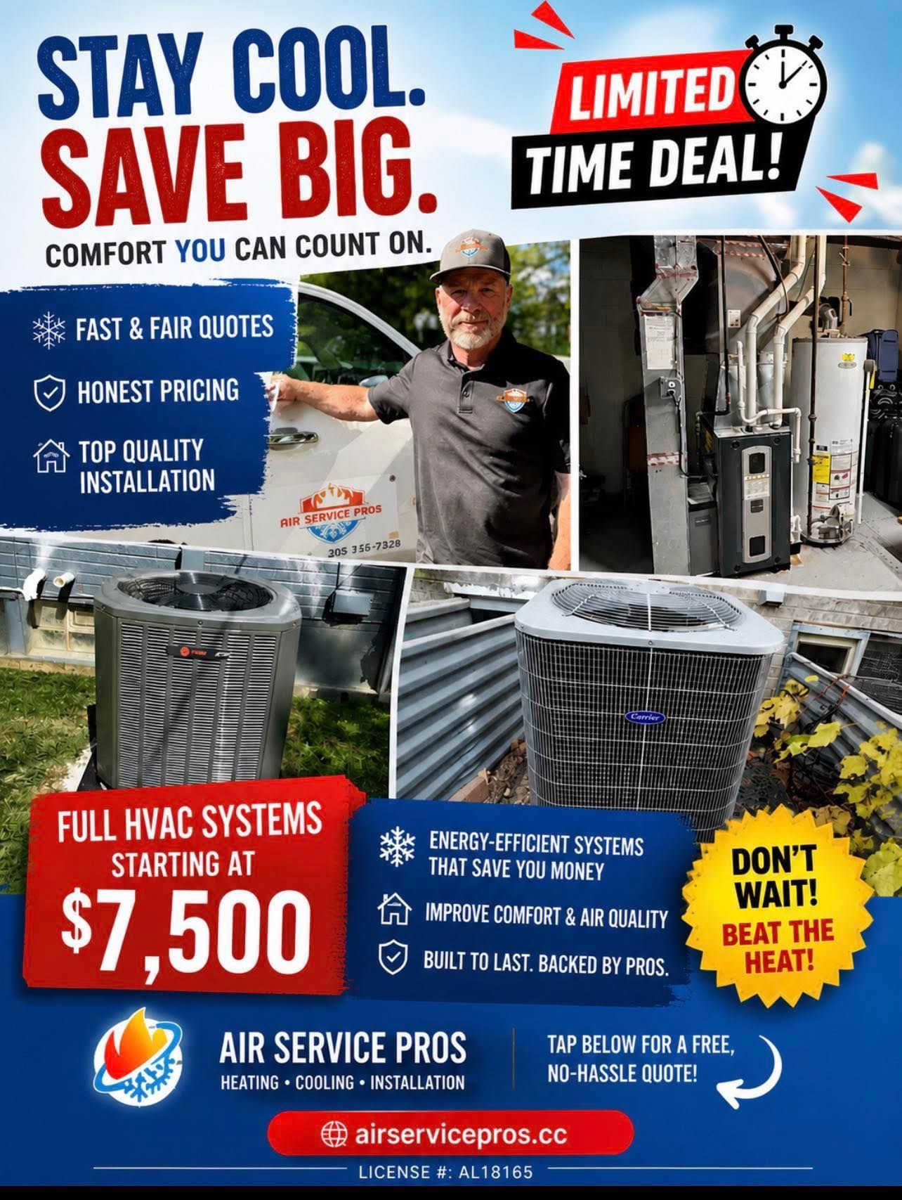 HVAC service ad with technician, ductwork, and “Stay cool, save big” pricing offer.
