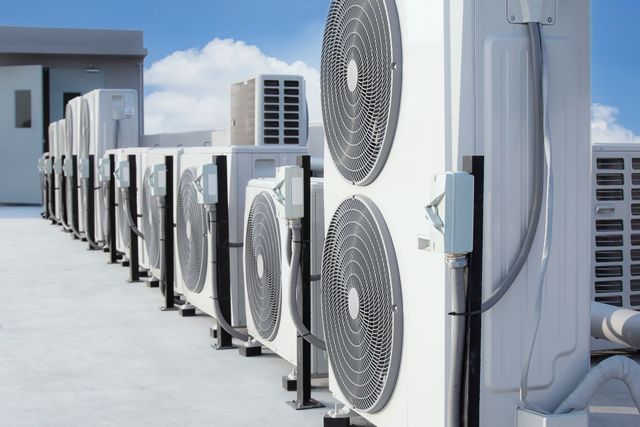 Row of outdoor air conditioning units on a flat rooftop under a blue sky