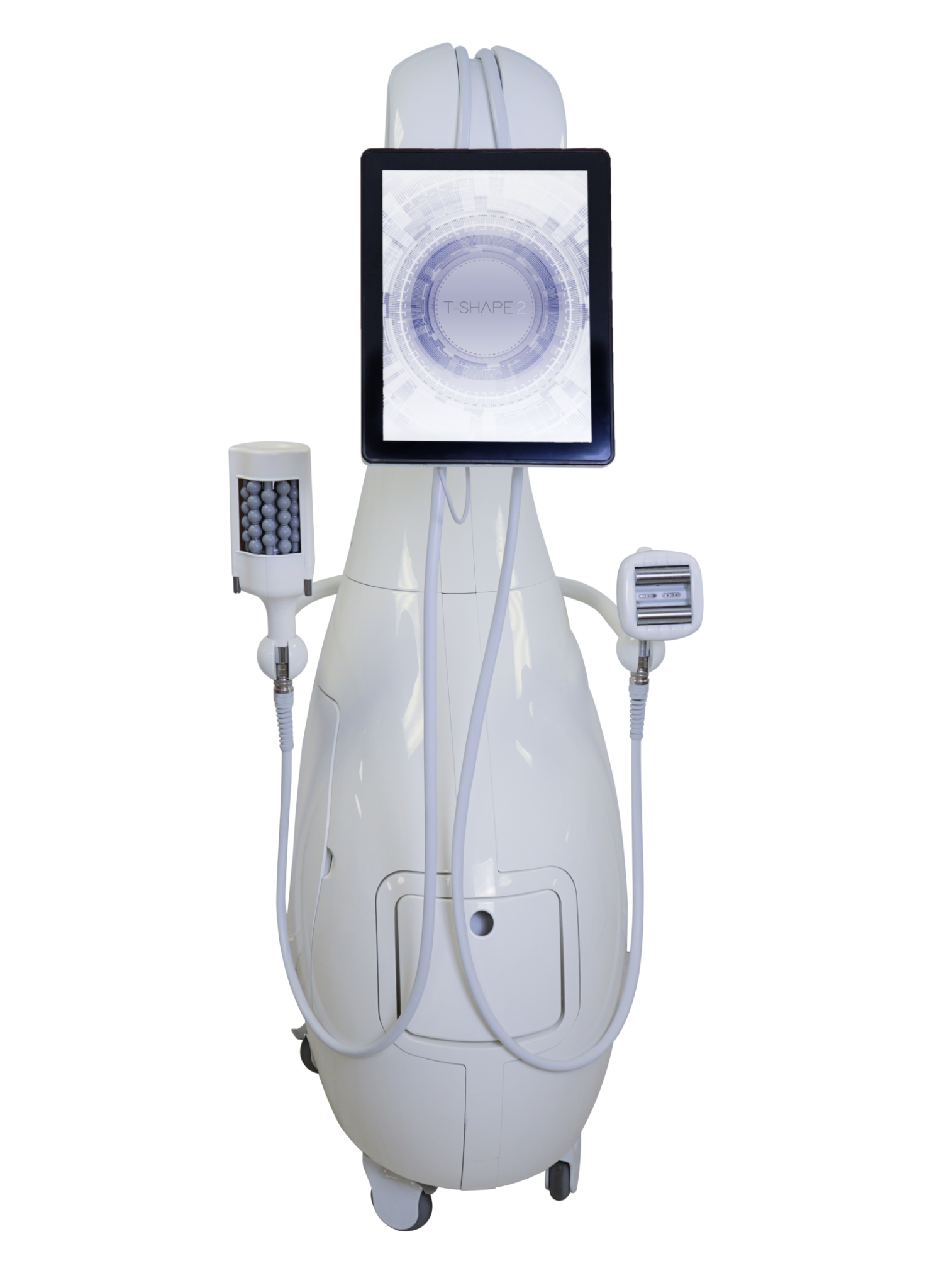 A white medical aesthetic device with a central tablet screen and two side-mounted handheld applicator attachments.