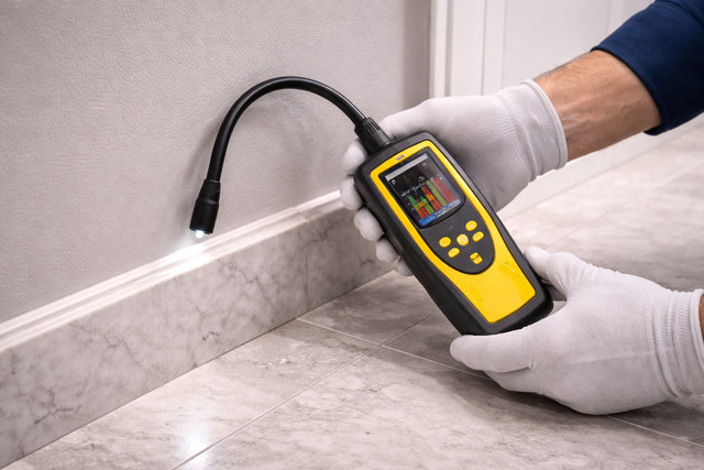 Gloved hands use a yellow detector to inspect a wall floor seam for leaks.
