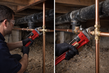 Plumber tightening a copper pipe fitting with a red pipe wrench under a house floor