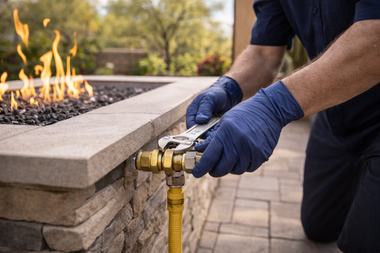 Person in blue gloves connecting a yellow gas line to an outdoor fire pit beside stone pavers