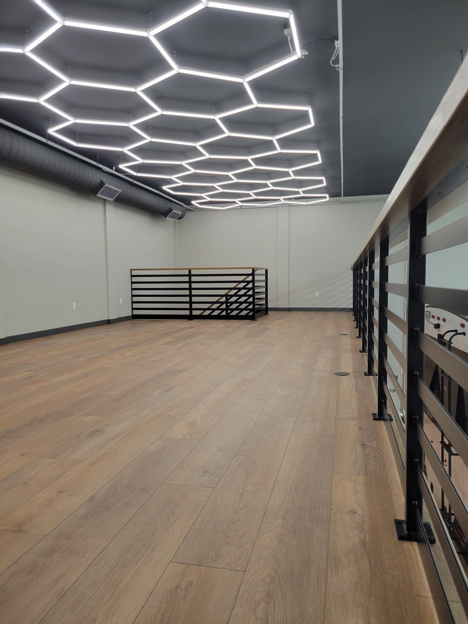 Empty modern room with wood floor, hexagonal ceiling lights, and railing.