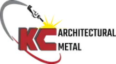 Red "KC" logo with "ARCHITECTURAL METAL" text; welding torch over a sunburst.