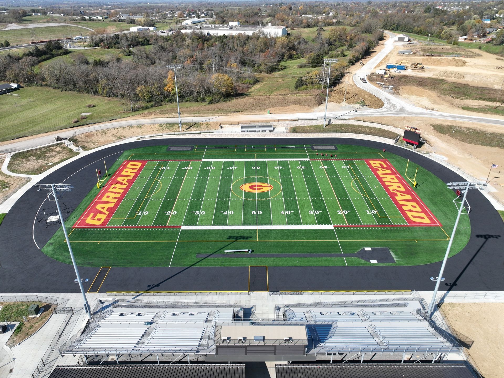 An aerial view of a football field with the word garland on it.