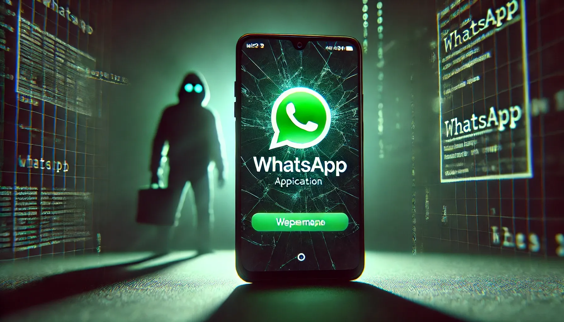 Um hacker está parado na frente de um telefone que diz whatsapp.