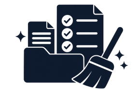 Checklist documents and a broom icon, suggesting cleaning or task completion